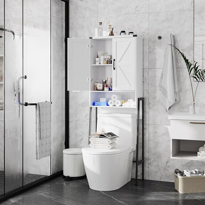Vabches Over The Toilet Storage Cabinet with 2-Door Design Bathroom Organizers and Storage with Anti-Tip Device Over Toilet Organizer with Shelves for Bathroom,Restroom,Laundry White