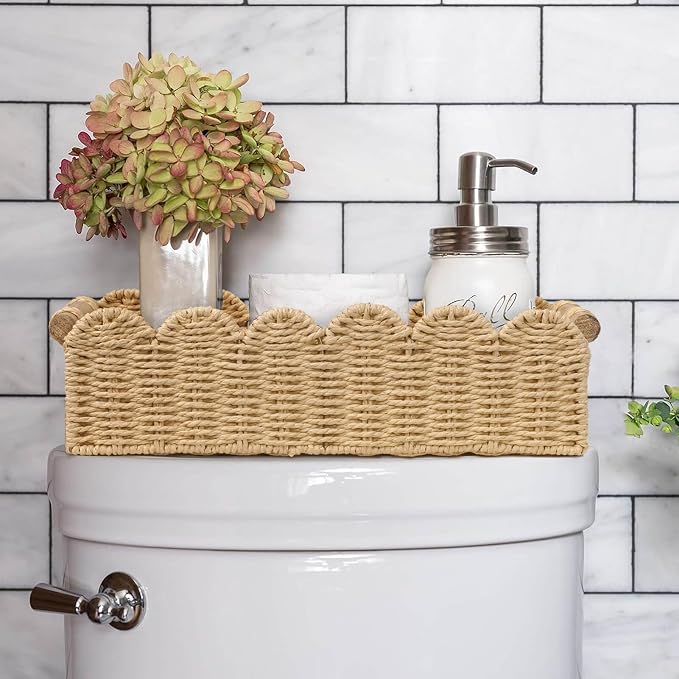 CubesLand Toilet Paper Storage Organizer Basket, Scalloped Decorative Baskets for Over Toilet Shelves, Wicker Small Basket Perfect for Home Countertop Storage & Decor, Living Room Shelf Decor, Beige