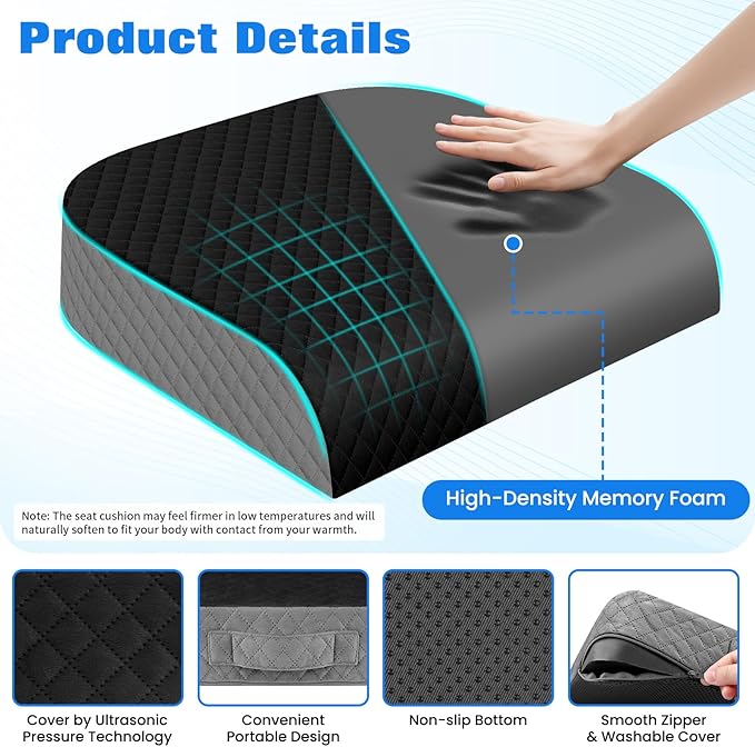 Seat Cushion, Memory Foam Chair Pad for Sciatica & Hip Pain Relief, Non-Slip Cushion for Office, Home, Car, Large Desk Chair Cushion, Washable Cover & Handle, Large, Black