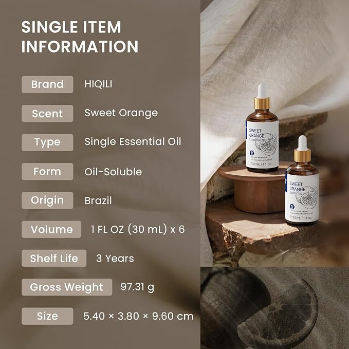 HIQILI Sweet Orange Essential Oil Set-1 fl oz (6 Pack), 100% Pure Natural, Bulk Wholesale for Business, Air Freshening & Space Cleaning, DIY & Skin Care, for Hotel, DIY Studio, Gift & Household Stock