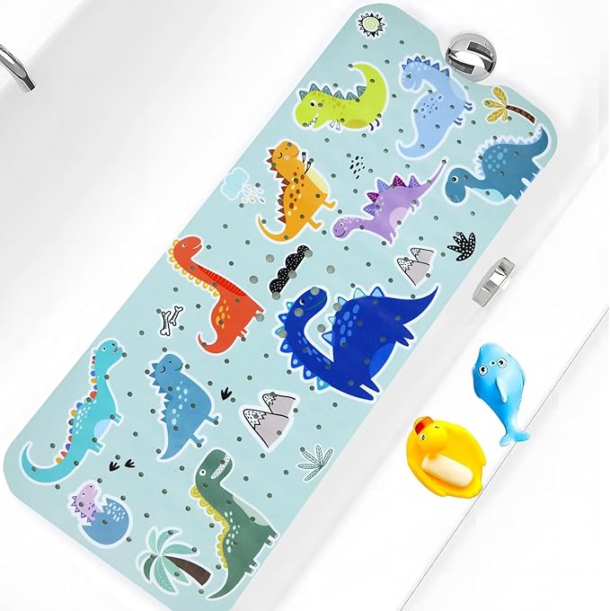 Bath Tub Shower Mat Non Slip Kids Bathtub Mat Anti Slip Baby Bath Mat for Tub 40 x 16 Inch Extra Long Toddler Bath Mat with Suction Cups and Drain Holes for Bathroom Floor,Machine Washable,Dinosaurs