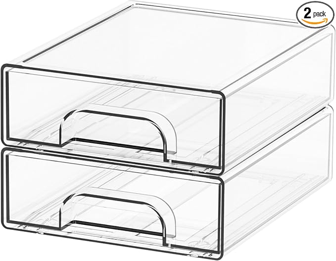 Yieach 2.2'' Tall Small Clear Stackable Storage Drawers,2 Pack Stacking Acrylic Organizers Drawers for Hair Accessories,Makeup,Pen,Art Crafts,Office Supply Organizer and Desktop Plastic Mini Drawers