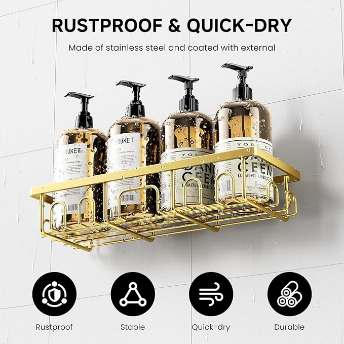 Shower Caddy, 3 Pack Shower Shelves for Inside Bathroom, Rustproof Adhesive Bathroom Organizer with Soap Holder, No Drilling Washroom Organizers and Storage for Bathtub Room/Kitchen/Home, Gold