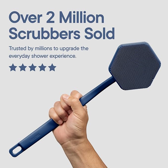 TOOLETRIES Silicone Back Scrubber for Shower, Exfoliating Body & Bath Brush, Long Ergonomic Handle, Non-Slip Grip for Hard-to-Reach Areas, Hygienic Silicone Bath Accessory for Men & Women - Glacier