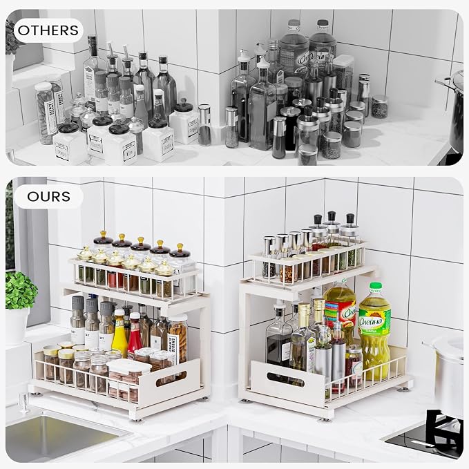 Under Sink Organizer, Heavy Duty Metal Pull Out Cabinet Organizer Slide Out Sink Shelf Organizer Height Adjustable, Multi-Purpose Storage Shelf for Kitchen Bathroom(Sand,2Pack)