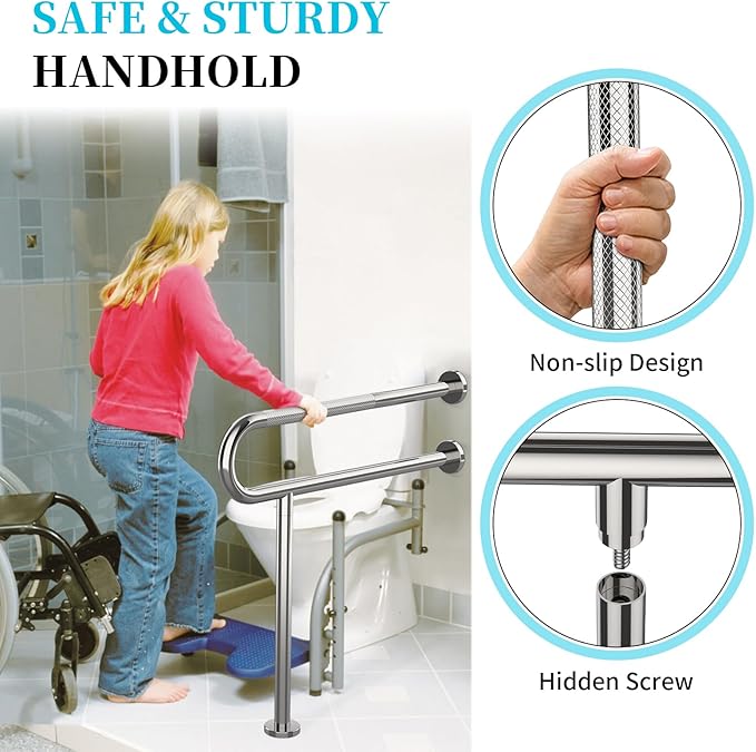 Toilet Support Rail 32 Inch, Munzong Anti-Slip Chrome Handicap Grab Bar for Bathroom, Stainless Steel Knurled Safety handrails with Leg for Elderly Disabled Pregnant-1.25’Tube