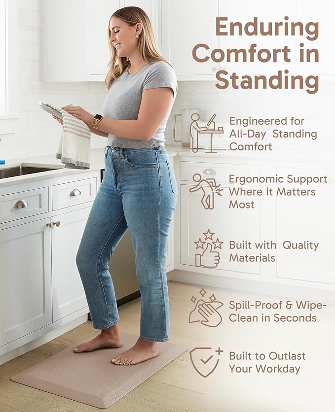 Ophanie Kitchen Mats for Floor, 3/4 inch Thick, 17x28 Anti Fatigue Cushioned Mat, Kitchen Rugs, Waterproof, Comfort Ergonomic Standing Mat for Office, Home, Sink, Beige Non-Slip Ridged Bottom