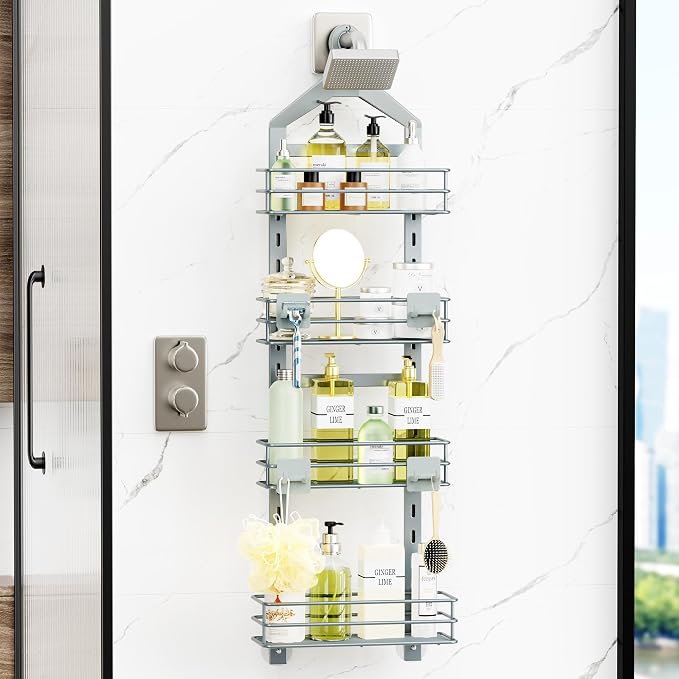 Orimade 4 Tier Adjustable Anti-slip Shower Caddy over Shower Head,Rustproof Bathroom Hanging shower Organizer with 4 Hooks for Razor,No Drilling Shower shelves Storage Rack, Light Grey