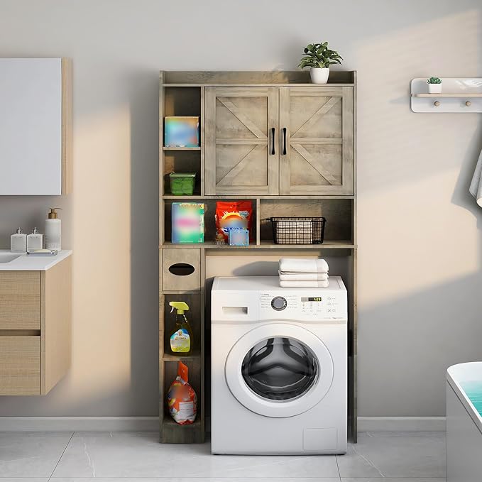Vabches Over The Toilet Storage Cabinet, Farmhouse Storage Cabinet Over Toilet with 2 Barn Door & Toilet Paper Holder Stand, Home Space-Saving Rack, for Bathroom, Restroom (Grey).