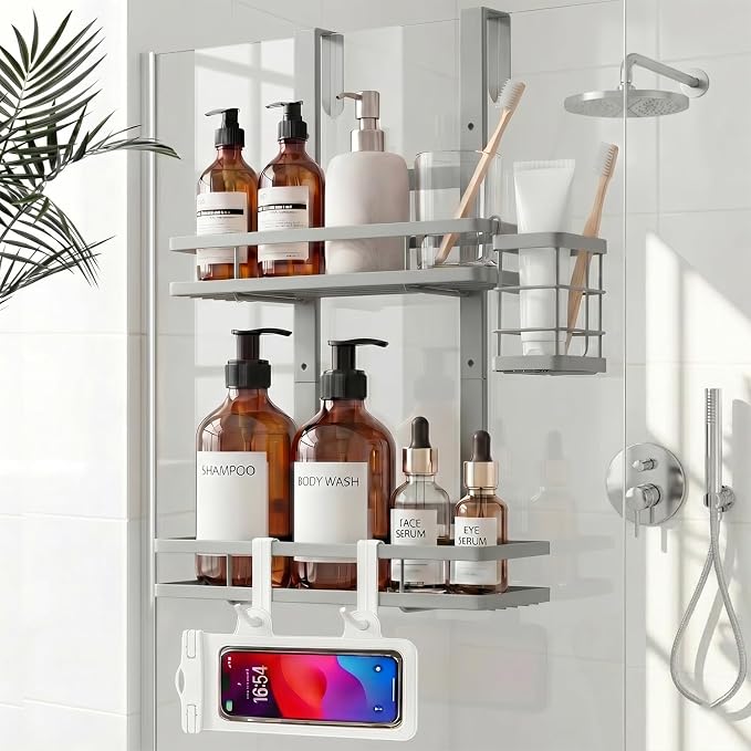 Over the Door Shower Caddy Hanging, Rustproof Shower Shelves with Waterproof Phone Pouch, 2-Tier Adjustable Bathroom Organizers and Storage, No Drilling Shampoo Soap Shelf (Silver 2-Tier)
