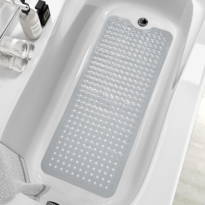 MOONFLY Shower and Bathtub Mat,40x16 Inches,Extra Long Non Slip Mats with Suction Cups and Drain Holes, Machine Washable and Anti Slip Bathmats, Bathroom Mats for Tub Nonslip (Grey)