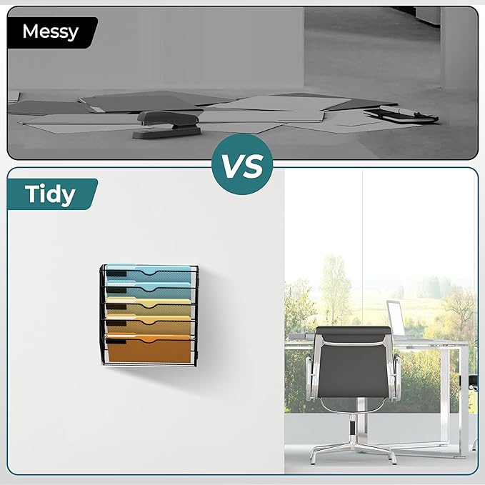 SUPEASY 5 Tier Wall File Organizer, Hanging Wall Mounted Mail Organizer with Label Slots, Metal Mesh File Holder Magazine Rack for Office, Home, School or Classroom, Black, 2Pack