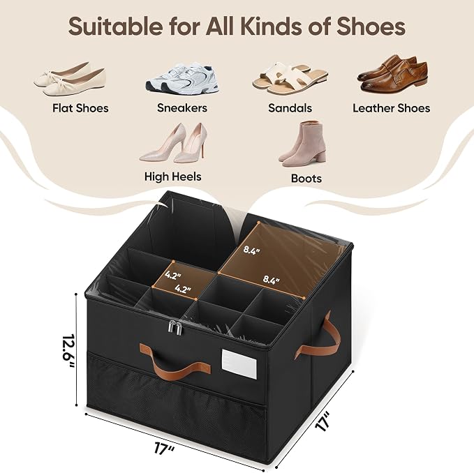 Shoe Organizer for Closet, 2 Pack Shoe Storage Containers with Adjustable Dividers, Space Saving Shoe Box Organizers Bins with Clear Lids & 4 Reinforced Handles, Fits 16-32 Pairs, Pure Black