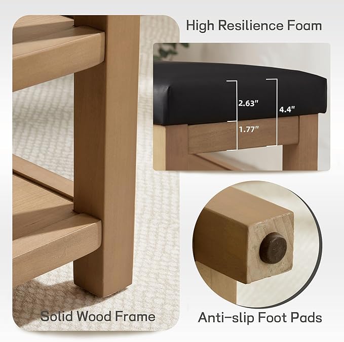 Zihanhome Shoe Rack Bench with Leather Cushion, 2 Tier Solid Wood Storage Bench, Mid-Century Modern Shoe Bench for Entryway, Hallway, Closet, Front Door Entrance, Foyer (Black, 31.5)