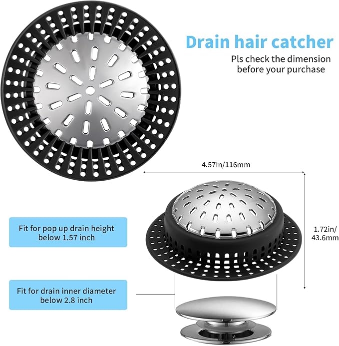 Aluvor Bathtub Drain Hair Catcher Shower Drain Cover Sink Drain Protector for Pop-Up & Regular Drains, Black