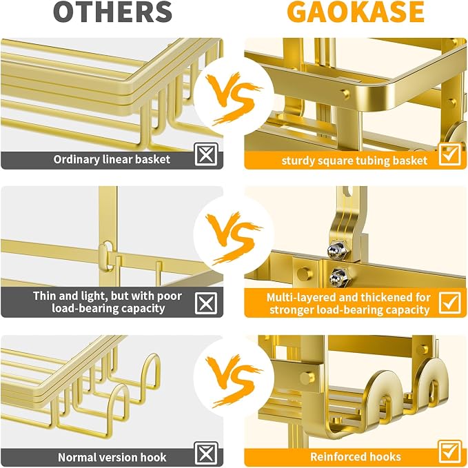 GAOKASE Aluminum Shower Caddy Hanging, Never Rust Shower Organizer- 4 Levels with adjustable Height 10 Hooks for Razor/Sponge - Rack with Soap Basket (Gold)
