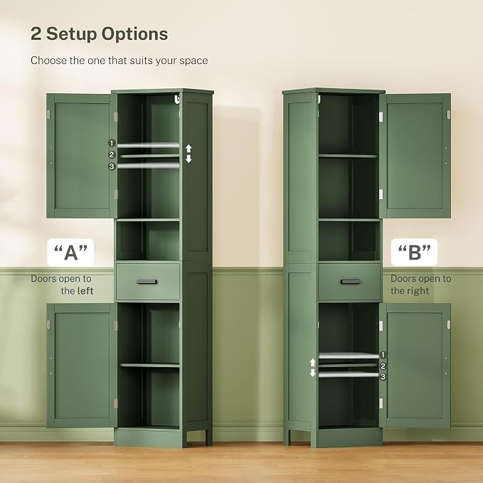 TEENFON 67" H Tall Bathroom Storage Cabinet with Barn Doors and Drawer, Narrow Bathroom Cabinet, Narrow Storage Unit, Adjustable Shelves, Floor Cabinets for Living Room, Forest Green
