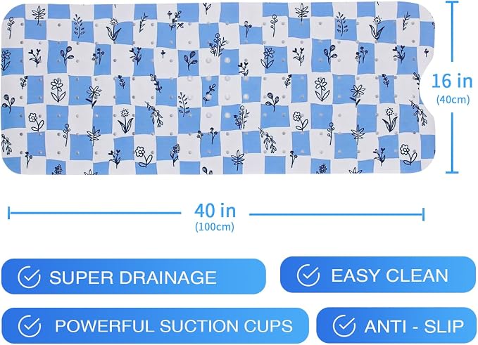 Bathtub Mat Non Slip 40x16 Inch Extra Long Bath Mat, Blue Floral Modern Art Shower Mat Non Slip Bath Mat for Tub Anti Slip with Large Drain Holes and Suction Cups, Rustic Flowers Design Bathroom Mat