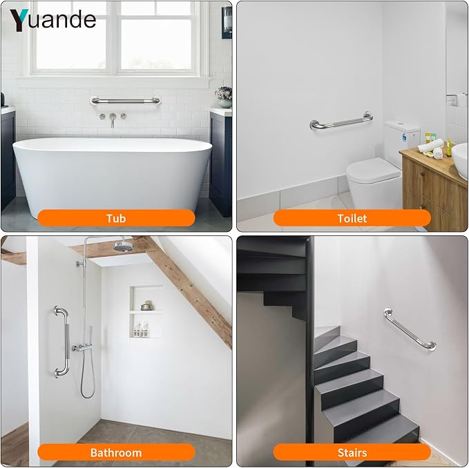 20 Inch Polished Chrome Shower Grab Bar with Anti-Slip Knurled Grip,YuanDe Stainless Steel Bathroom Grab Bars，Shower Handrail Support, Handicap Elderly Balance Assist Handles