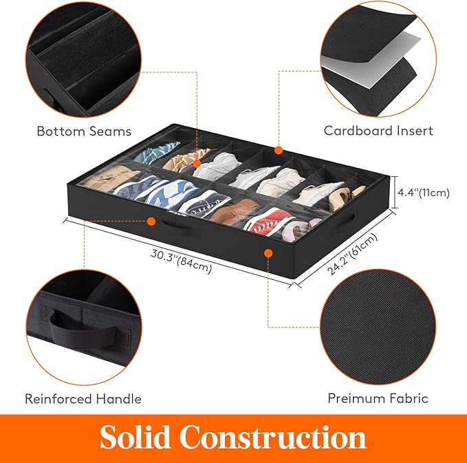 Lifewit Under Bed Shoe Storage Organizer 2 Pack(14 Shoes Cells+4 Boots Cells), 4.3 Inches Profile Fabric Shoes Container Box with Clear Cover, Foldable Storage Bag with 2 Handles, Fits 22 to 36 Pairs