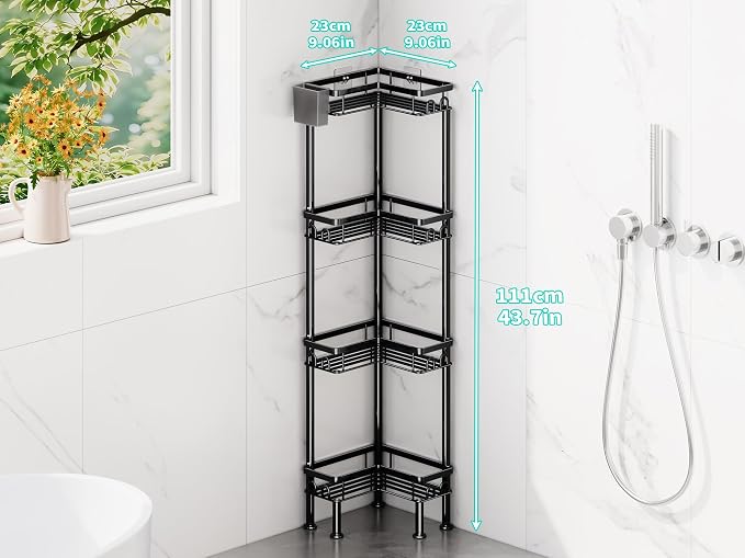 HapiRm Standing Shower Caddy Corner - 4 Tier Corner Shower Organizer with Toothbrush Holder and 16 Hooks, Large Capacity Rustproof Bathroom Shelves for Tall Bottles, Black