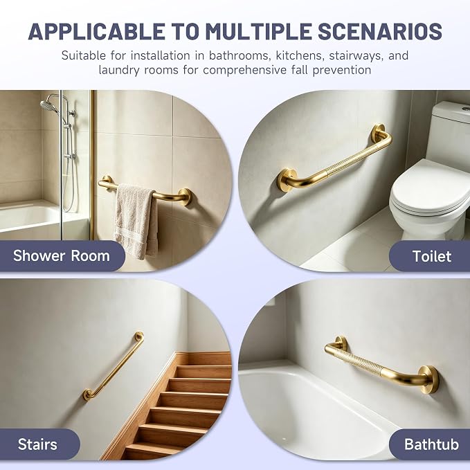 24 Inch Shower Grab Bar, Brushed Gold Anti Slip Safety Bars, 304 Stainless Steel Bathroom Handrail, Handicap Grab Bars for Wall, Shower Grip Handle for Seniors Elderly Injury Assist Bath (1.25" Dia)