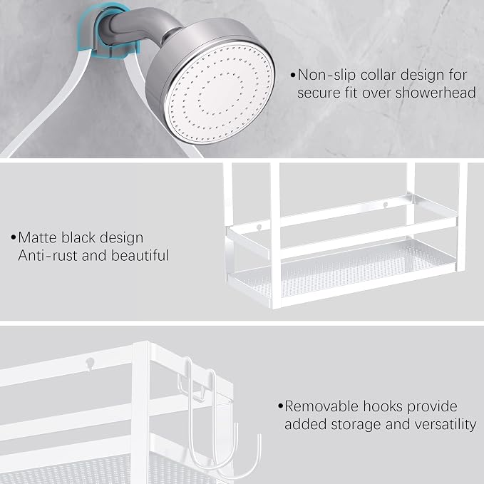 Meangood Shower Caddy 10.4" x 4.5" x 22.04" Hanging Shower Caddy Organizer Over Shower Head Big Capacity for Shampoo, Conditioner with Hooks for Razor/Sponge, White
