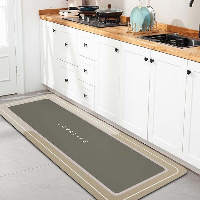 Bath mat Rubber Bathroom Mat-Quick Dry Absorbent Rug Non-Slip Thin Bathroom Rug Instant Dry Magic Bath mats for Bathroom Floor Mat in Front of Bathtub, Sink, Beige, 17x47in