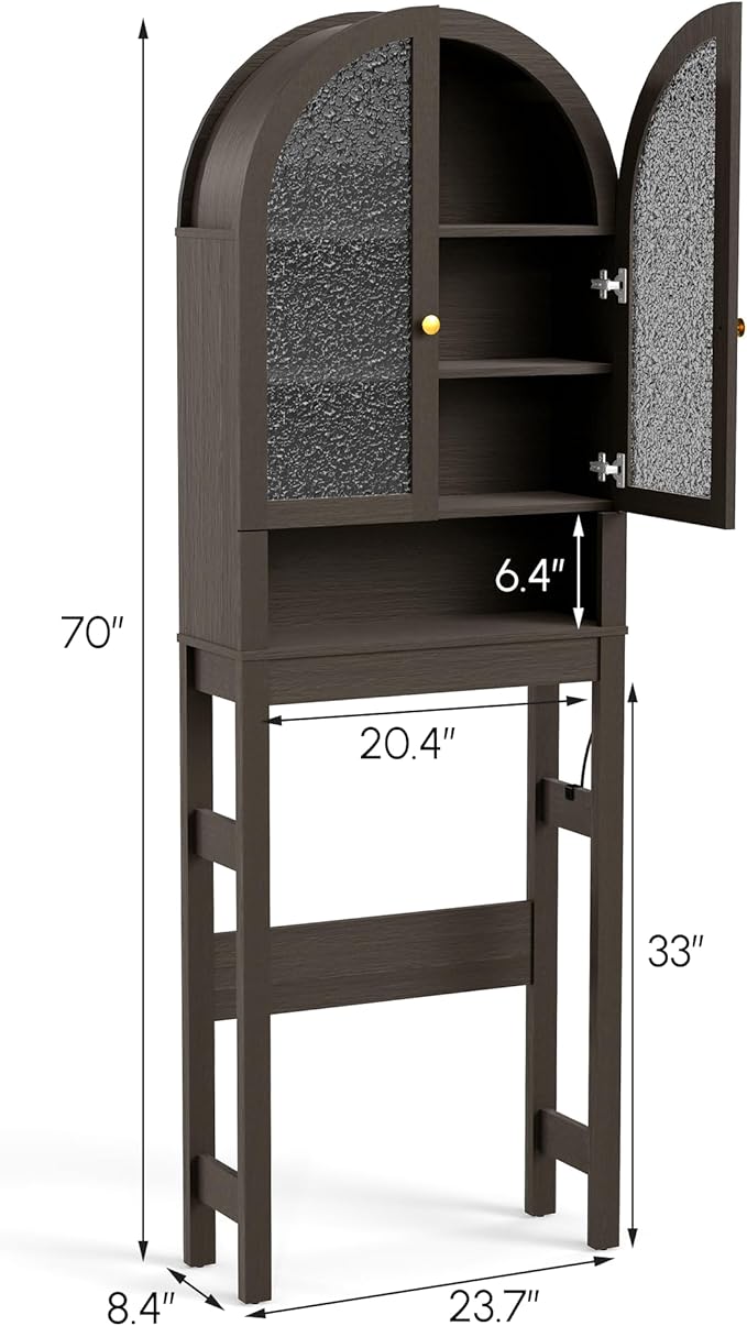 HMstone Over The Toilet Storage Cabinet, Arched Bathroom Organizer and Storage with Acrylic Doors and Adjustable Shelf, Space Saver Freestanding Bathroom Modern Storage Cabinet Over Toilet Dark Brown