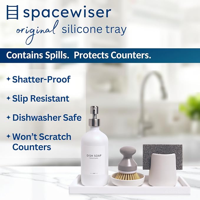 Spacewiser Countertop and Vanity Tray - 11.7" Silicone Bathroom Counter Tray, Dish Soap Trays for Kitchen Counter, Bathroom Counter Organizer Accessories Caddy, Shower Trays Makeup Mat Oil, White