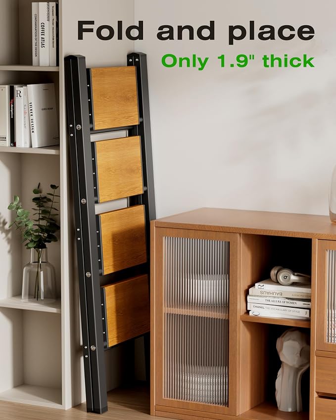 Taranta 4 Step Ladder,Aluminum Lightweight Folding 4 Step Stool with Anti-Slip Wide Pedal, 330lbs Capacity Step Ladder for Household,Kitchen,Office - BlackWoodgrain