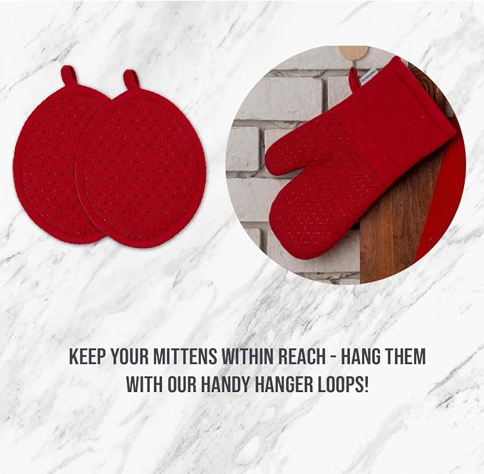 LANE LINEN 16 Pc Kitchen Dish Towels Set - 6 Absorbent Terry Kitchen Hand Towels, 6 Dish Cloths for Washing Dishes, 2 Silicone Grip Potholders & 2 Silicone Oven Mitts - Red