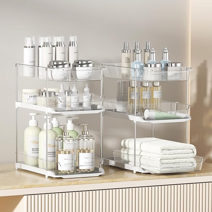 Delamu 2 Sets of 3-Tier Bathroom Under Sink Organizers and Storage, Multi-Purpose Stackable Pantry Organization and Storage, Pull Out Clear Kitchen Bathroom Cabinet Organizer with Movable Dividers | Storage
