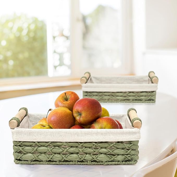 Storage Basket Wicker Baskets for Organizing with Handle Decorative Storage Bins for Countertop Toilet Paper Storage Basket for Toilet Tank Top Small Baskets Set (Set of 2,Green)