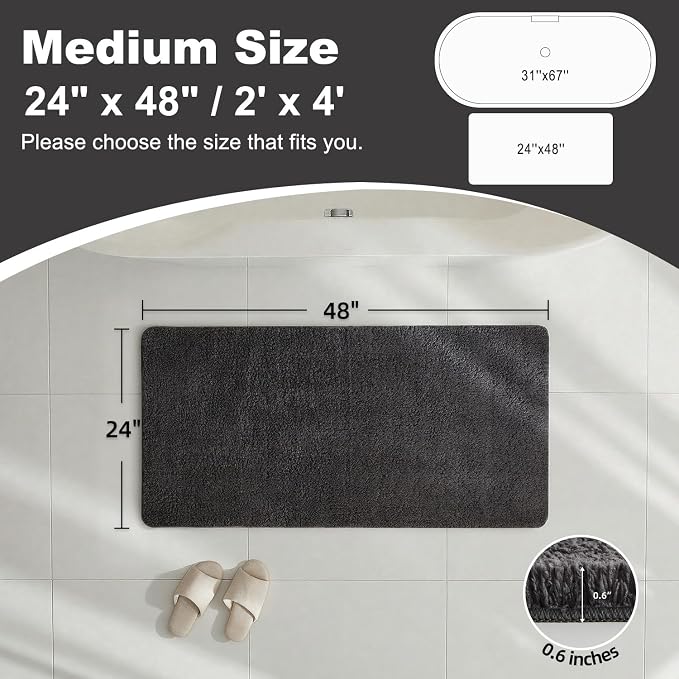 TYUU Bathroom Rugs Non Slip Washable, Ultra Soft Super Absorbent Quick Dry Small Bath Mat with Rubber Backing for Bathroom Floor, Shower, or Sink, Dark Grey 24" x 48"