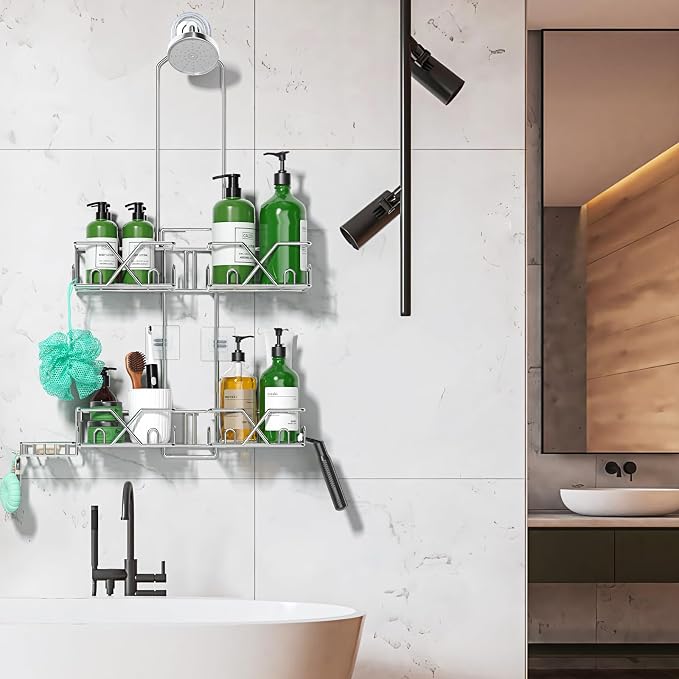 Sewulidon Stainless Steel Shower Caddy Hanging for Handheld Shower Heads,Rustproof Hose Shower Organizer Adjustable Length Shower Rack with 24 Hooks,Razor Holder,Soap Holder