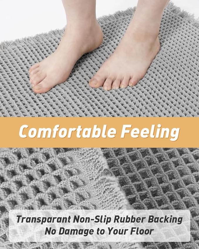 Upgraded Waffle Runner Rug Super Absorbent Non Slip Bath Mats for Bathroom Machine Washable Bathroom Runner Rug with Tassels, Ideal for Hallway Bedroom Laundry Room, Light Grey, 2' x 5'(24" x 60")