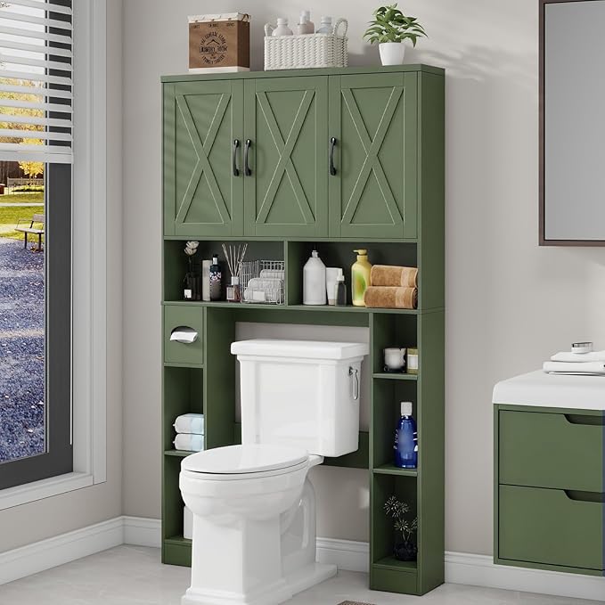 Vabches Over The Toilet Storage Cabinet, Farmhouse Toilet Cabinet Rack with 3 Barn Doors, Space Saving Bathroom Organizer with Shelves, Toilet Paper Holder and Towel Rack for Bathroom,Restroom.(Green