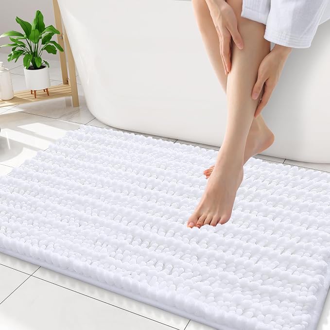 Smiry Bathroom Rugs Mat 34x21, Extra Soft Absorbent Chenille Bath Rugs, Non Slip Rubber Backing Machine Washable Quick Dry Bath Mats for Bathroom Floor, Tub, Shower, Home Decor Accessories, White