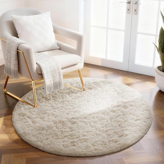 Ophanie Round Rug Ivory Circle Area Rug, Fluffy Fuzzy Bedroom Carpet, Plush Soft Shaggy Indoor Floor Cream Living Room 2Ft Rugs for Kids Home Decor Aesthetic, Nursery