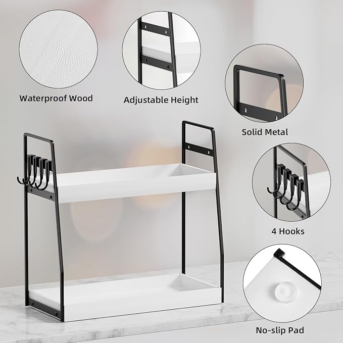VITVITI 2-Tier Bathroom Organizer Countertop, Wood Bathroom Counter Organizer and Storage, Bathrom Corner Sink Vanity Skincare Organizer Shelf with Hooks, White