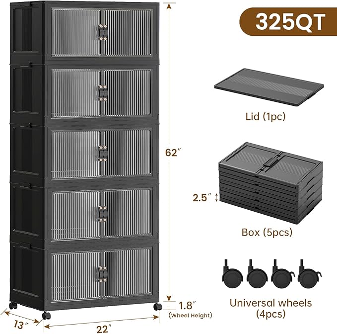 SAILUN 81Gal/325Qt Stackable Storage Bins Folding Collapsible Storage Bins with Lid, Closet Organizers and Storage Box with Door Black 22" W x 13" D x 62" H