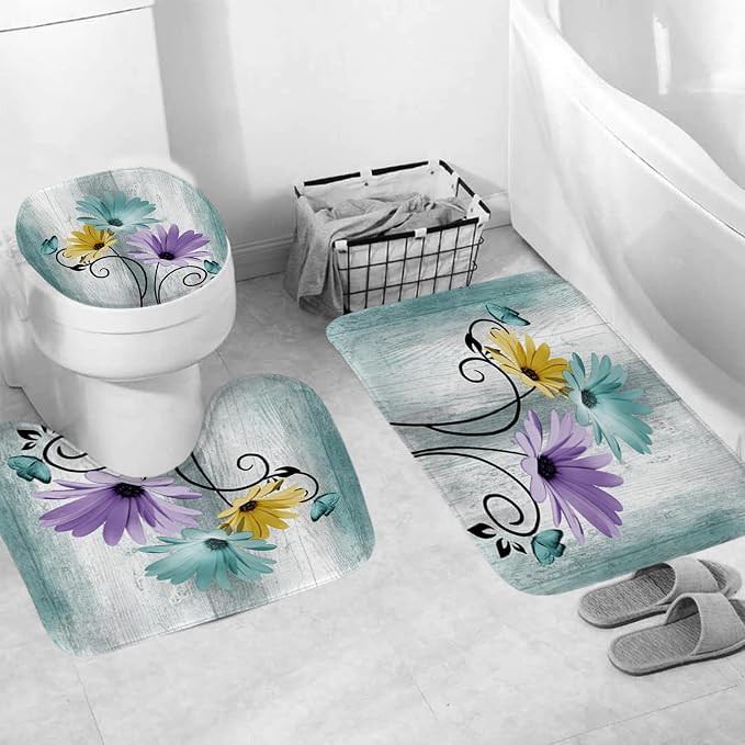 Onalasyc 4PCS Blue-Green Daisy Flowers Butterfly Shower Curtain Set with Shower Curtain and Carpet and Accessories, Waterproof Bathroom Shower Curtain Decorative Set with 12 pcs Hooks,71 x 71in