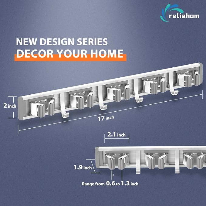 reliahom Broom Holder Wall Mount, 5 Racks with 4 Hooks Silver - Mop Storage Tool Racks, Broom Hanger Tool Organizer for Garage, Kitchen, Garden, Laundry Room