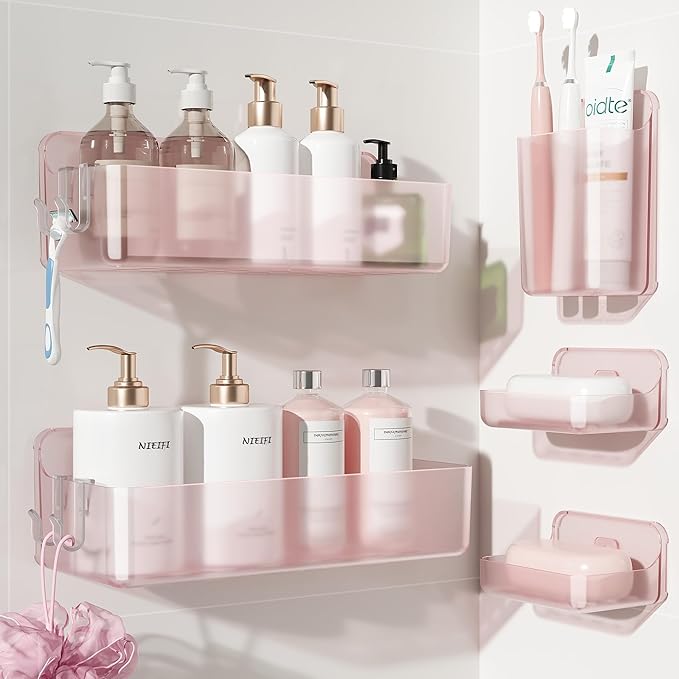 Nieifi Adhesive Wall Shelf, Shower Shelves, Shower Organizer for Bathroom Organization (Pink-Clear, 5 pieces)