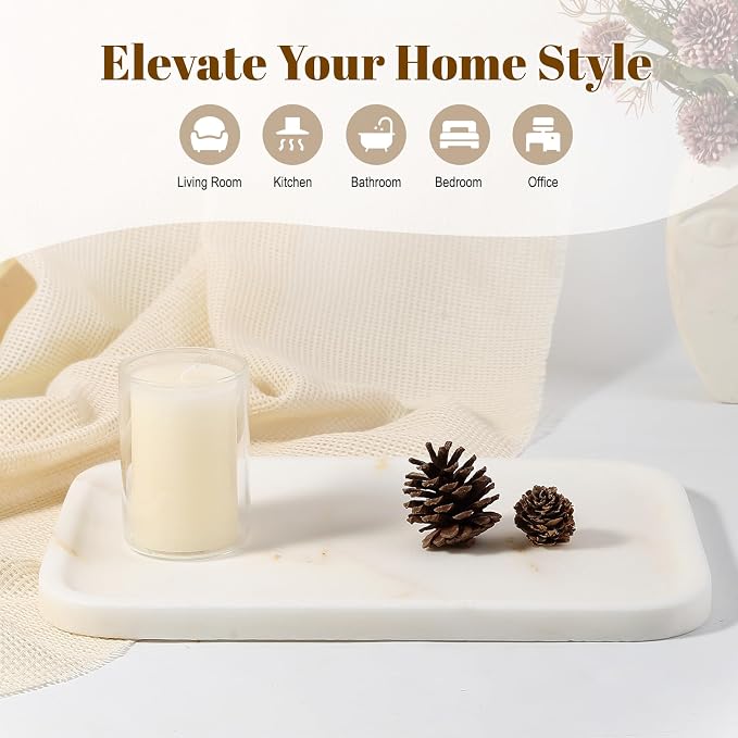 Koville Marble Tray, 12"x8" Natural Marble Vanity Tray for Countertop Bathroom Kitchen Dresser, Decorative Catchall Trays for Perfume Jewelry, Rectangular Stone Serving Tray(Golden Calacatta)