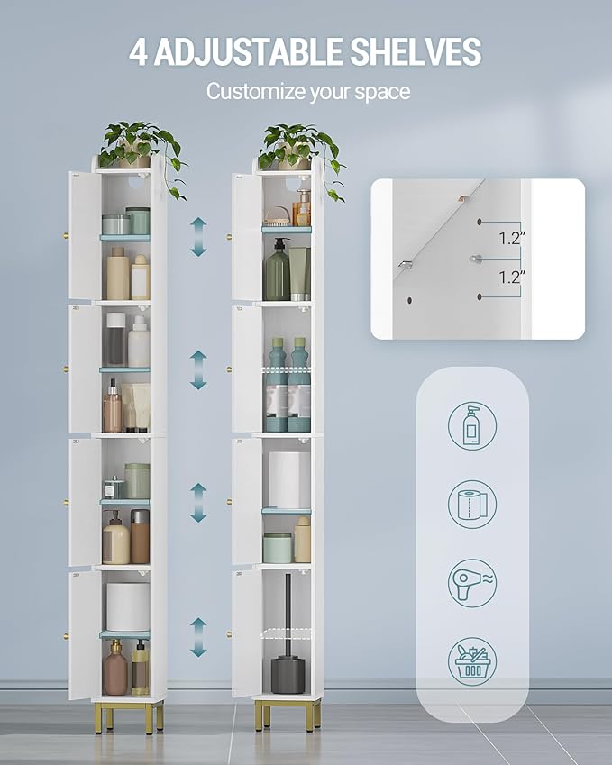 Hzuaneri 4-Tier Narrow Tall Storage Cabinet, Slim Bathroom Storage Cabinet with 4 Adjustable Feet and Shelves, Bathroom Organization for Small Space, Kitchen, Living Room, Laundry Room White BC42213G