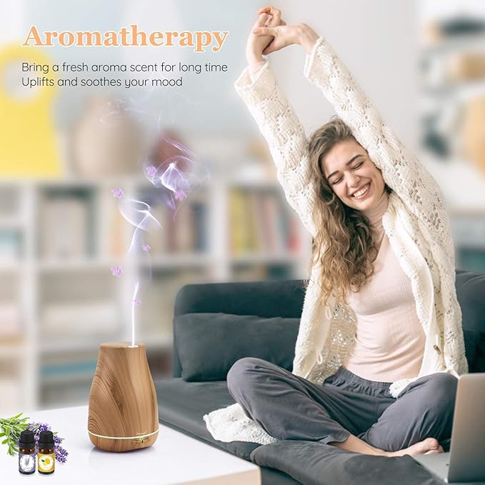 Aromatherapy Essential Oil Diffuser for Room: 100ml Air Humidifier Aroma Scent Cool Mist Diffusers Colorful Light Cute Mini Small Waterless Auto Off Ultrasonic for Home Bedroom (Yellow Wood Grain)