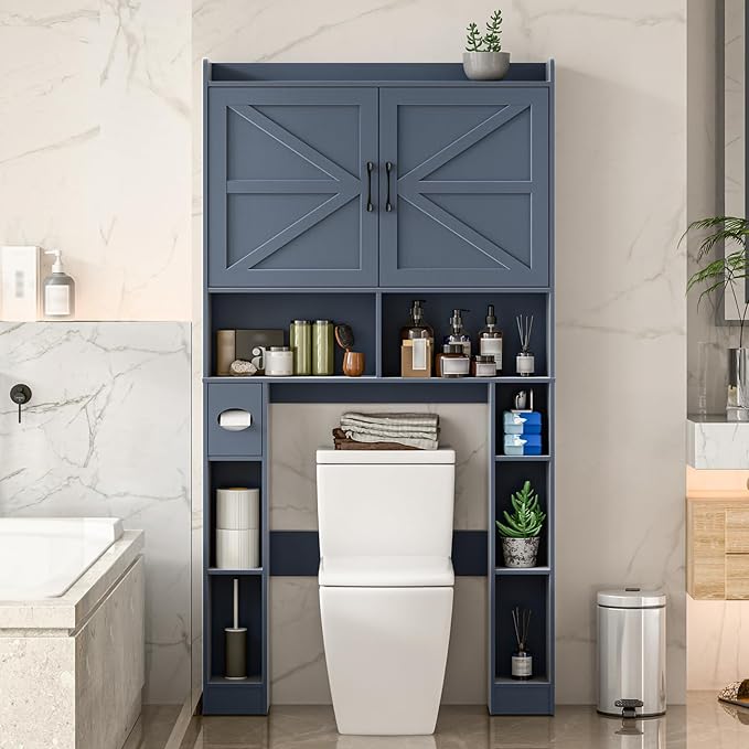 Over The Toilet Storage Cabinet, Farmhouse Toilet Cabinet Rack with Barn Doors, Space Saving Bathroom Organizer with Shelves, Toilet Paper Holder and Towel Rack for Bathroom,Restroom,Laundry,Blue