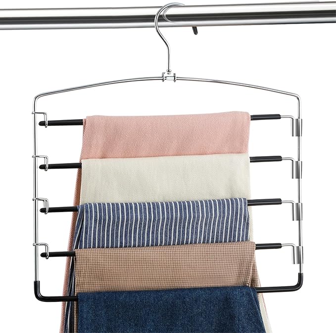 FeeraHozer Pants Hangers Non Slip 3 Pack Space Saving Hangers Multi-Layer Swing Arm Pants Hanger Stainless Steel Space Saver Hanger Closet Storage Organizer for Jeans Trouser Slacks Clothes (Black)